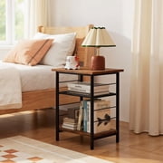 Barara King 3-Tier Industrial End Table Space-Saving Nightstand with Open Shelves for Bedroom Living Room Bedside Storage Furniture, Rustic Brown