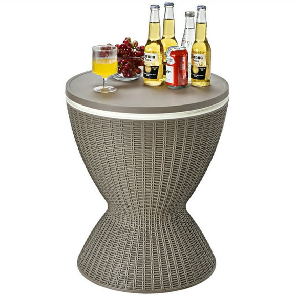 Barara King 3 in 1 8 Gallon Patio Rattan Cooler Bar Table with Adjust Ice Bucket-Brown