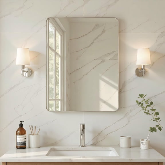 Barara King 30*20" Rectangle Rounded Corner Wall Mount Mirror with Silver Metal Frame, Bathroom Vanity Makeup Mirror for Bathroom, Living Room, Dormitory, Silver