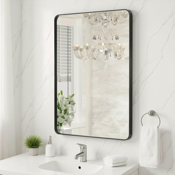 Barara King 30*22" Rectangle Rounded Corner Bathroom Mirror for Wall with Black Metal Frame, Wall Mount Mirror for Bathroom, Living Room, Dormitory, Black