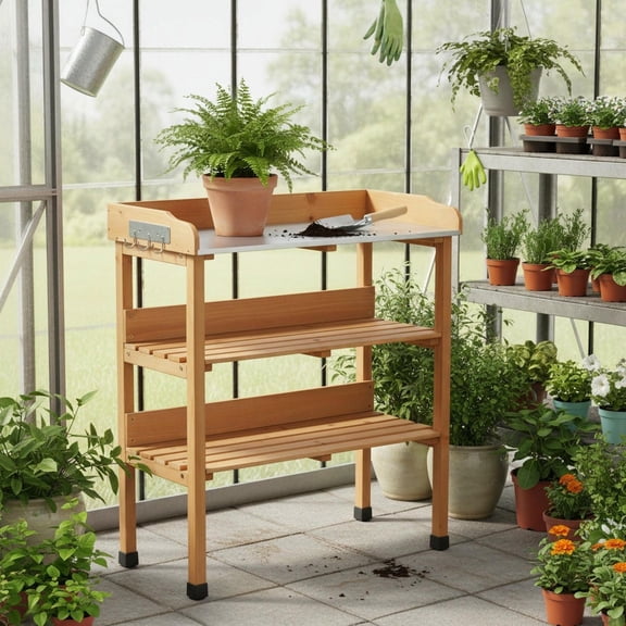 Barara King 30″x14.5″x35.5″ Outdoor Potting Table with Metal Top, 3-Tier Garden Work Bench with Hanging Hooks, Solid Wood Workstation for Garage Patio Yard, Light Brown