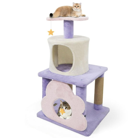 Barara King 31.5" Cute Modern Cat Tower, Multi-Level Cat Tree, Modern Cat Tower Tree for Indoor Cats, Purple