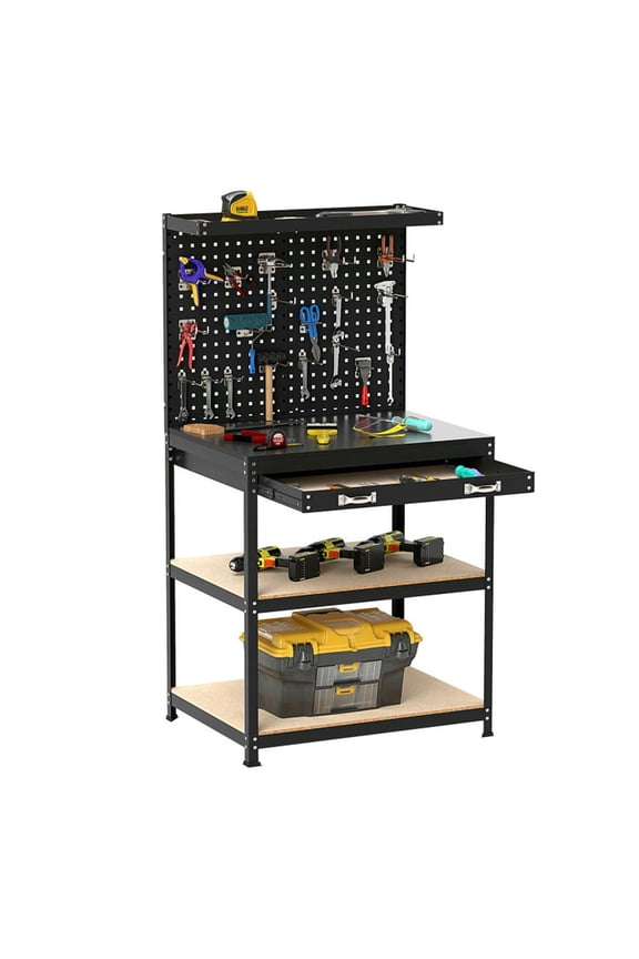 32 x 16 Inch Workbench Work Table with 2 PCs Pegboard Drawer and Shelves-Black