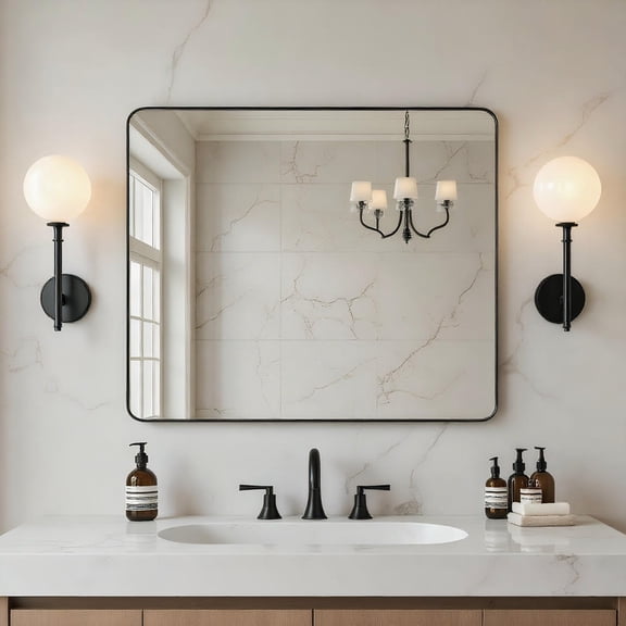 Barara King 36*30" Rectangle Rounded Corner Bathroom Mirror for Wall with Black Metal Frame, Wall Mount Mirror for Bathroom, Living Room, Dormitory, Black