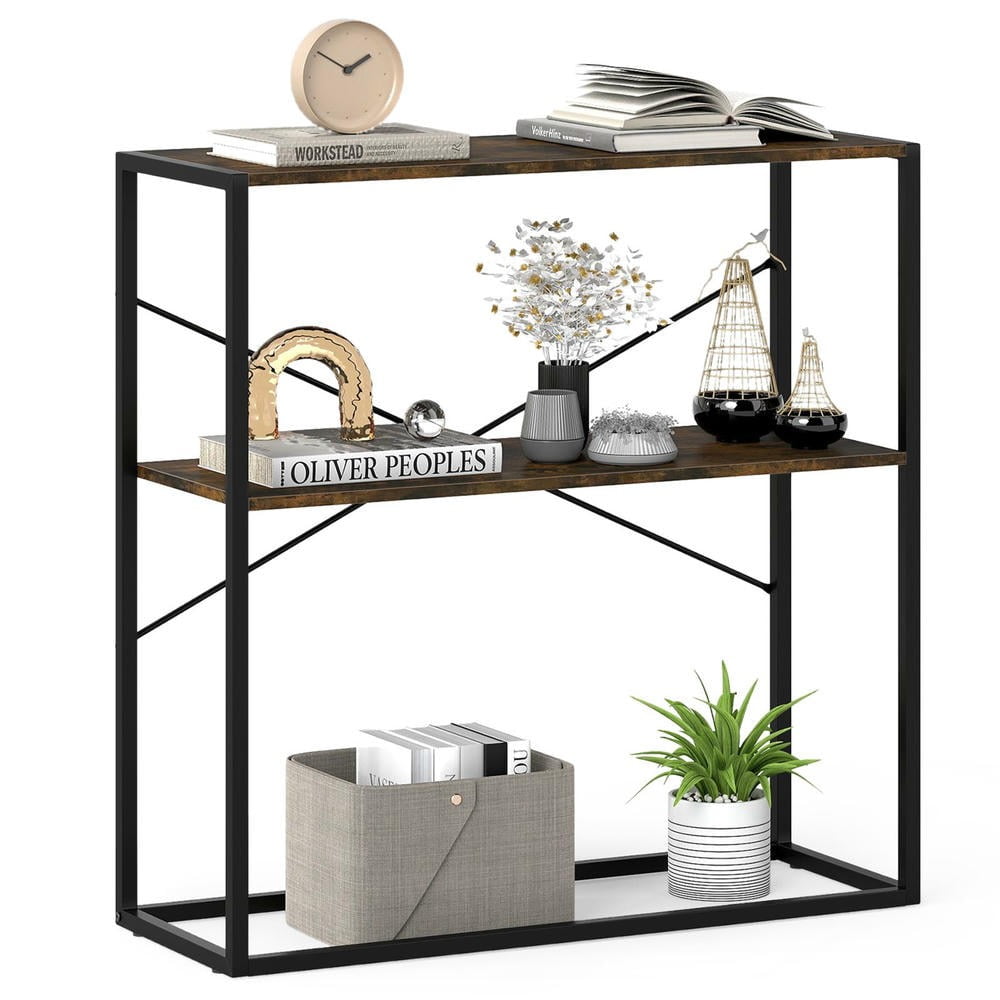 Barara King 36" Console Table with Wooden Open Shelves and Metal Frame, 2-Tier Narrow Entryway Table for Hallway, Living Room, Rustic Brown