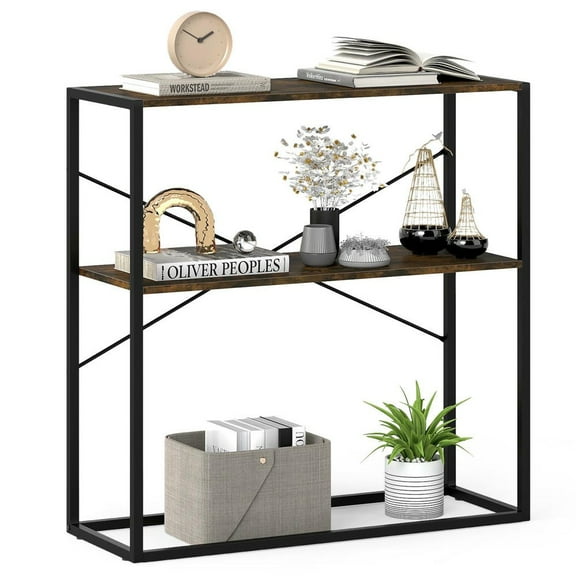 Barara King 36" Console Table with Wooden Open Shelves and Metal Frame, 2-Tier Narrow Entryway Table for Hallway, Living Room, Rustic Brown