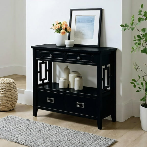 Barara King 36" Farmhouse Pine Wood Console Table with 4 Drawers & 1 Storage Shelf(Black)