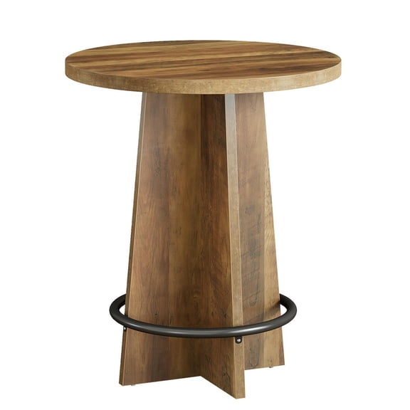 Barara King 37.4" Tall Wooden Bar Table with Base and Metal Ring Footrest, Round Counter Height Table for Coffee House, Home, Small Space, Brown