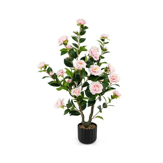 Barara King 38 Inch Artificial Camellia Topiary Plant with in Cement Pot, Faux Plants Decorative for Patio, Garden, Front Door, Balcony, Backyard, Pink