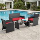 Yardi Yard 4 Pieces Patio Conversation Set with Glass Table and Detachable Cushions for Garden Poolside Use, Red