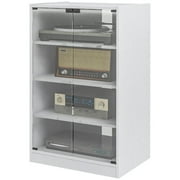 Barara King 4-Tier Media Cabinet, Media Stand with Adjustable Shelves, Tempered Glass Doors, and Cable Management, Distressed White