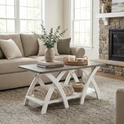 Yardi Yard 40 Inch Farmhouse Coffee Table with Storage Shelf, X-Shaped Legs, Rustic Wooden Design for Country Living Room, Cabin Style Decor, Gray