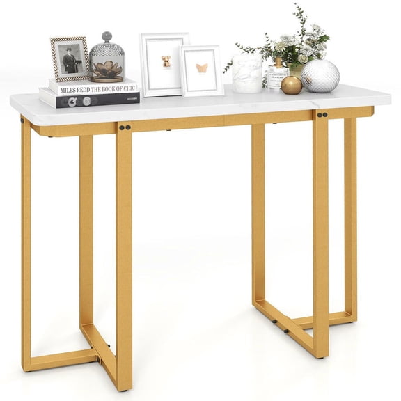 Barara King 42Inch Modern Faux Marble Console Desk Table with Geometric Metal Frame, Entryway Table for Hallway, Living Room, White