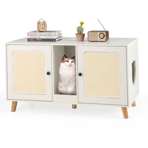 Barara King 43Inch Cat House with Double Rooms and 2 Sisal Scratching Mats, Cathouse Puppy Shelter for Indoor, Living Room, Home Office, White
