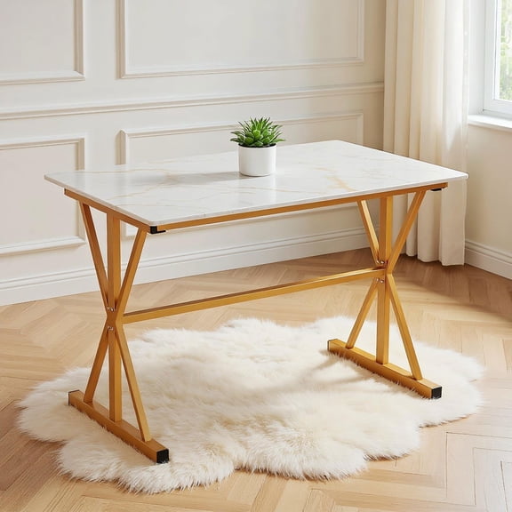Barara King 44 Inches Sintered Stone Dining Table with Metal Frame and Faux Marble Tabletop, Kitchen Dining Table for Dining Room, Living Room, Restaurant, White