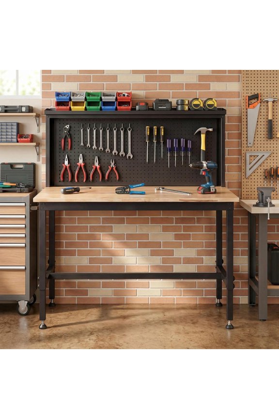 48 Inch Heavy Duty Workbench with Built-in AC/USB Outlets and Pegboard Organizer, Sturdy Garage Workstation for Workshop DIY Home Projects, Natural