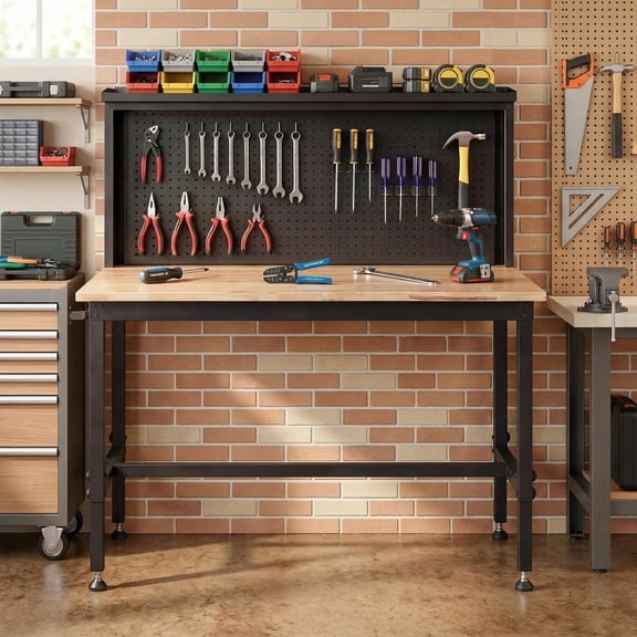 Barara King 48 Inch Heavy Duty Workbench with Built-in AC/USB Outlets and Pegboard Organizer, Sturdy Garage Workstation for Workshop DIY Home Projects, Natural