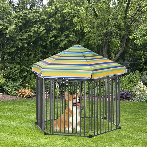 Barara King 48" x 41" Heavy-Duty Metal Dog Playpen, Outdoor Pet Cage Kennel, Puppy Exercise Fence Barrier with Weather-Resistant Polyester Roof, Locking Door, & Metal Frame