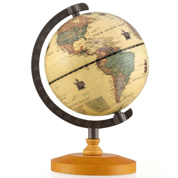 Barara King World Globe for Students with Wooden Base, 5.5 Inch Mini Rotating Decorative Tabletop Earth Globe for Kids School, Home Office, Desktop Display, Brozen