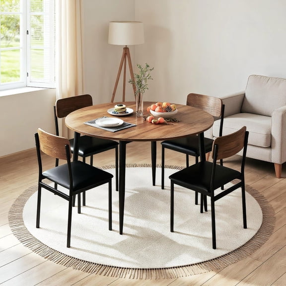Barara King 5-Piece Round Dining Set Practical Kitchen Table Set with Drop Leaf Top 4 Soft Upholstered Chairs for Kitchen Dining Room Living Room, Brown