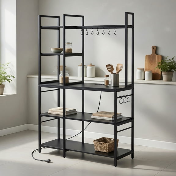 Barara King 5-Tier Bakers Rack with Power Outlets and 10 S-Shaped Hooks-Black