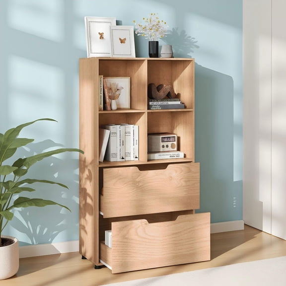 Barara King 51 Inch 4-Cube Bookcase 5-Tier Tall Freestanding Shelf with 2 Drawers for Home Office Study Living Room Book Display Storage Furniture, Natural
