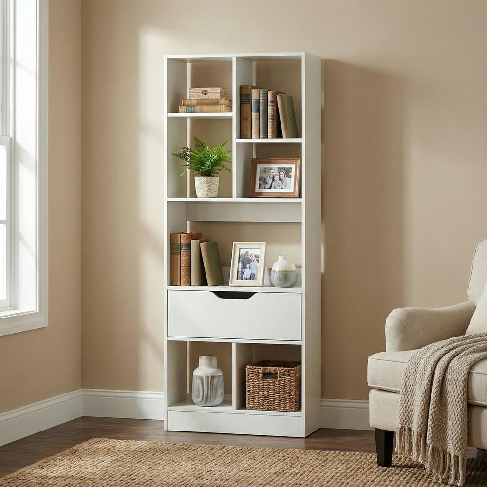 Barara King 51inch Tall Freestanding Cube Bookcase Multi-Functional Storage Organizer with Drawer Open Shelves for Home Office Study Living Room Books Display, White