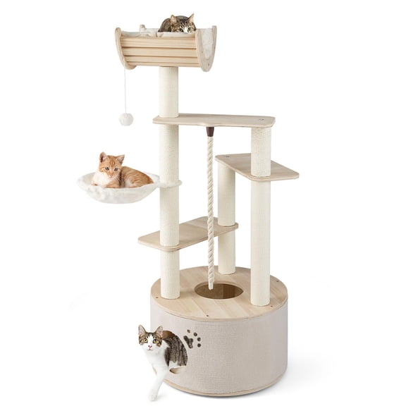 Barara King 55.5Inch Tall Wooden Cat Tower, Cat Tree with Washable Plush Cushions, Modern Cat Tower Tree for Indoor Cats, Natural