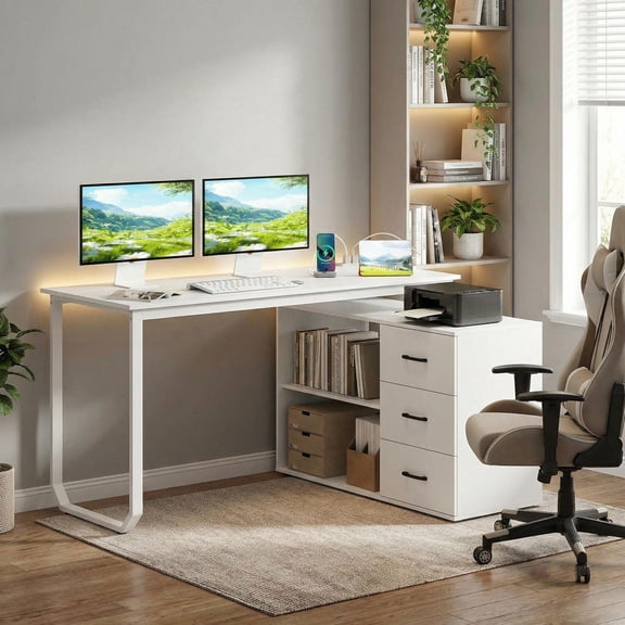 Barara King 55 Inch Reversible Corner L Shaped Desk Large Home Office Writing Table with 3 Storage Drawers & Adjustable Shelf for Workstation Gaming, White