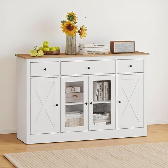 Barara King 55" Large Sideboard Buffet Cabinet with 3 Drawers and 2 See-through Doors, Kitchen Storage Cabinet with Adjustable Shelves Wine Bar Table for Dining Room, Living Room, White