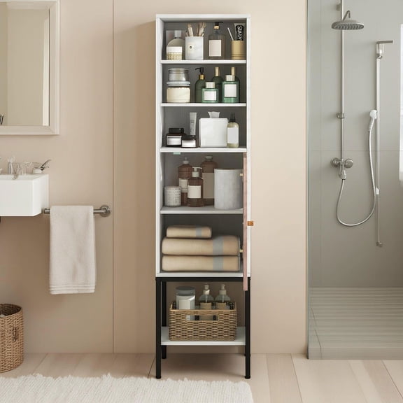 Barara King 57 Inch Tall Bathroom Storage Cabinet with 1 Door and 4 Shelves, Narrow Unit for Bedroom, White