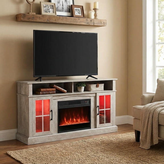 Barara King 58 Inch Electric Fireplace TV Stand Modern Media Console with LED Lights Storage Cabinets Glass Doors for Living Room Home Entertainment Center Furniture, Gray