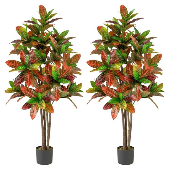 Barara King 5ft 2 Pack Artificial Croton Topiary Trees with Gradient Leaves and Nursery Pot, FauxPlants