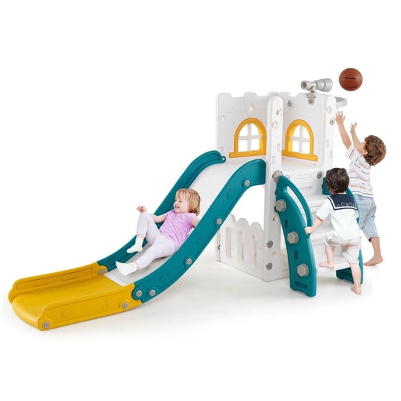 Barara King 6-in-1 Toddler Slide with Basketball Hoop and Ladder, Play Climber Slide PlaySet for Kids, Indoor, Yellow