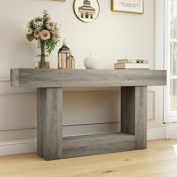 Barara King 63" Console Table with U-Shaped Base, Farmhouse 2-Tier Entryway Table with Locking Wall System, Narrow Long Wood Console Sofa Table for Living Room, Hallway, Foyer, Gray