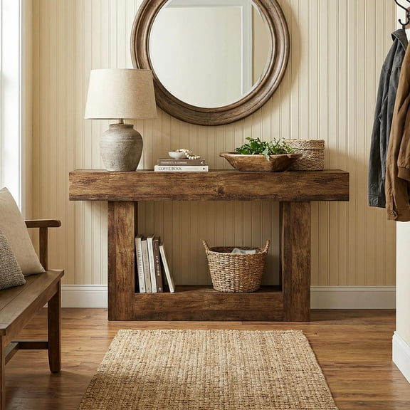 Barara King 63" Console Table with U-Shaped Base, Farmhouse 2-Tier Sofa Table with Locking Wall System, Narrow Long Wood Entryway Table for Living Room, Hallway, Foyer, Vintage Brown