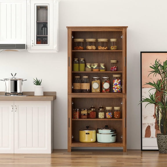 Barara King 64" Pantry Storage Cabinet with 3 Adjustable Shelves and 4-Door, Kitchen Pantry Cabinet for Kitchen, Oak