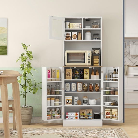Barara King 66.5" Pantry Storage Cabinet with Adjustable Shelves, Kitchen Pantry Cabinet for Dining Room, White