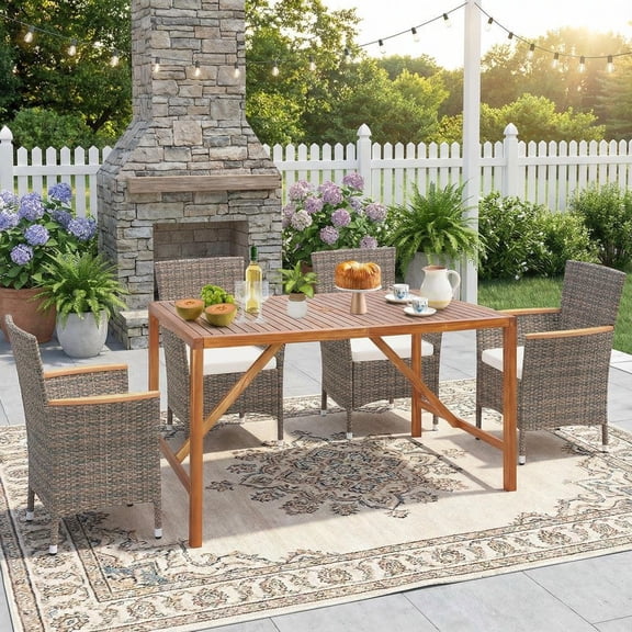 Barara King 67 Inch Patio Rectangle Acacia Wood Dining Table with Umbrella Hole