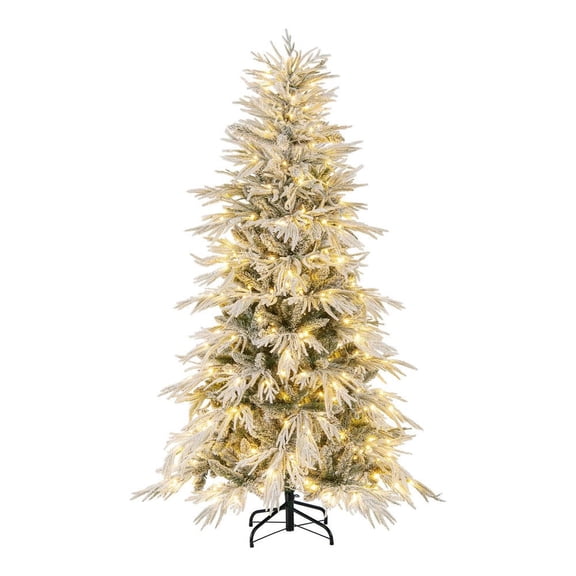 Barara King 6ft Pre-Lit Christmas Tree with Warm White LED Lights, Artificial Xmas Tree with Snow flocked for Indoor, Outdoor, Holiday Decor, Green&White