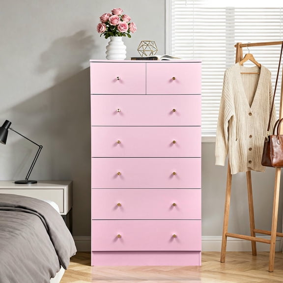 Barara King Storage Organization Dresser with 7 Drawer and Matte Gold Handles, Chest of Drawers with Melamine Veneer for Bedroom, Living Room, Home Office, Pink