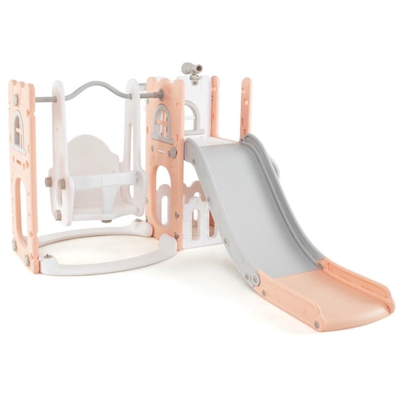 Barara King 7-in-1 Toddler Slide with Ladder and Basketball Hoop, Play Climber Slide PlaySet for Kids, Indoor, Pink