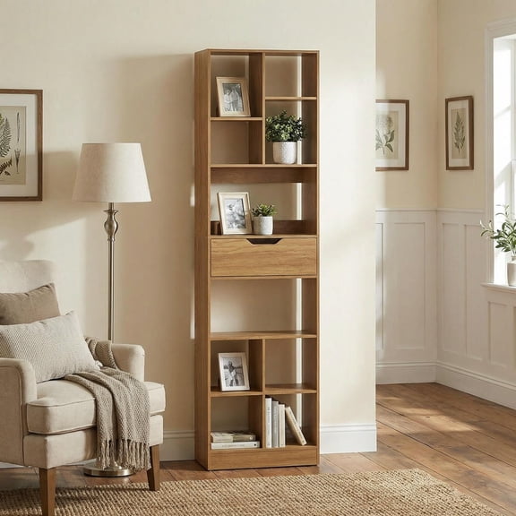 Barara King 71inch Tall Freestanding Open Bookcase 10-Cube Storage Cabinet with Drawer Multi-Functional Organizer for Home Office Study Living Room Books Decor Display, Natural