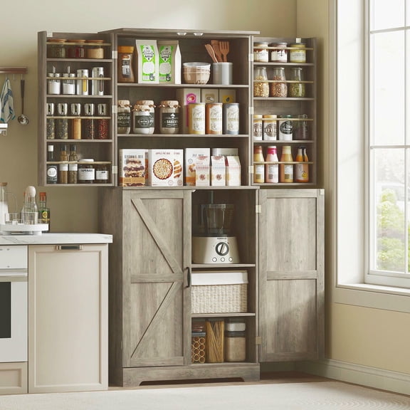 Barara King 72" Pantry Storage Cabinet with 4 Barn Doors, 4 Adjustable Shelves and 8 Door Shelves, Kitchen Pantry Cabinet for Dining Room, Gray Wash