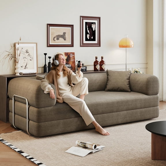 Barara King 78.8" Convertible Sofa Bed, Comfy Futon Sleeper with Pillow Back Support, Armrest, Modular Sectional Design, Boneless Loveseats for Living Room, Bedroom, Corduroy, Camel
