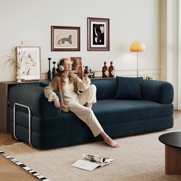 Barara King 78.8" Modular Sectional Sofa Bed, Convertible Futon Sleeper with Pillow Back Support, Armrest, Boneless Loveseats, Corduroy Fabric for Living Room, Studio, Blue