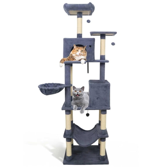 Barara King 80 Inch Tall Cat Tower, Cat Tree with 2 Large Condos and Dangling Toys, Modern Cat Tower Tree for Indoor Cats, Dark Gray