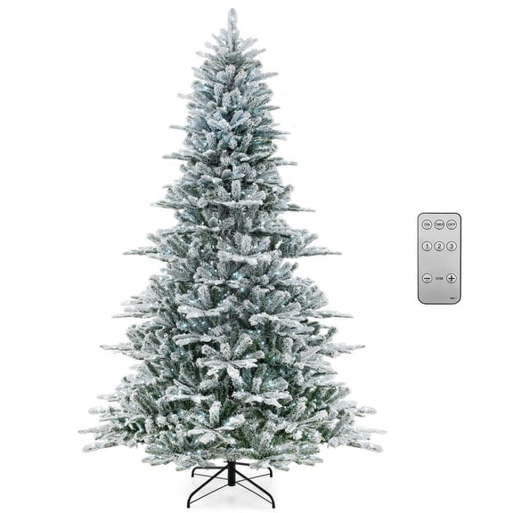 Barara King 8ft Snow Flocked Christmas Tree with Cool White LED Lights, Artificial Christmas Tree for Indoor, Outdoor, Holiday Decor, White, Green