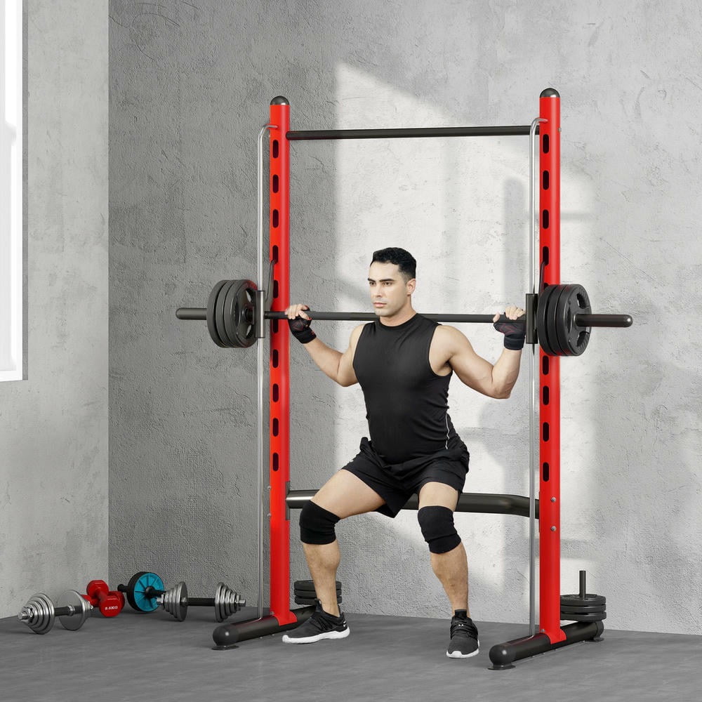 Barara King Adjustable Multi-Functional Racks with Pull Up Bar and Barbell Bar, Barbell Racks for Home Gym, Red