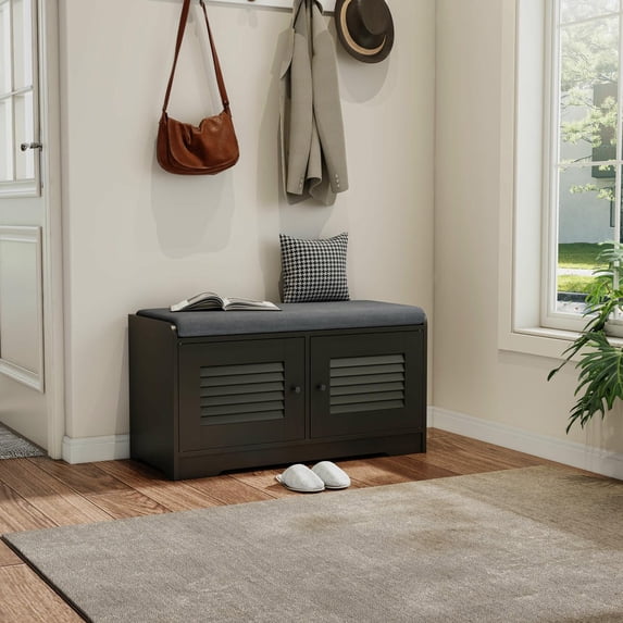 Barara King Adjustable Shoe Storage Bench with Cabinet Doors, 28.74" Entryway Seat with Cushion for Organizing, Black